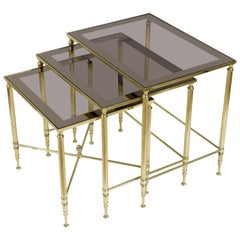 Set of Brass Nesting Tables with Smoked Glass Tops Set of Brass Nesting Tables with Smoked Glass Tops