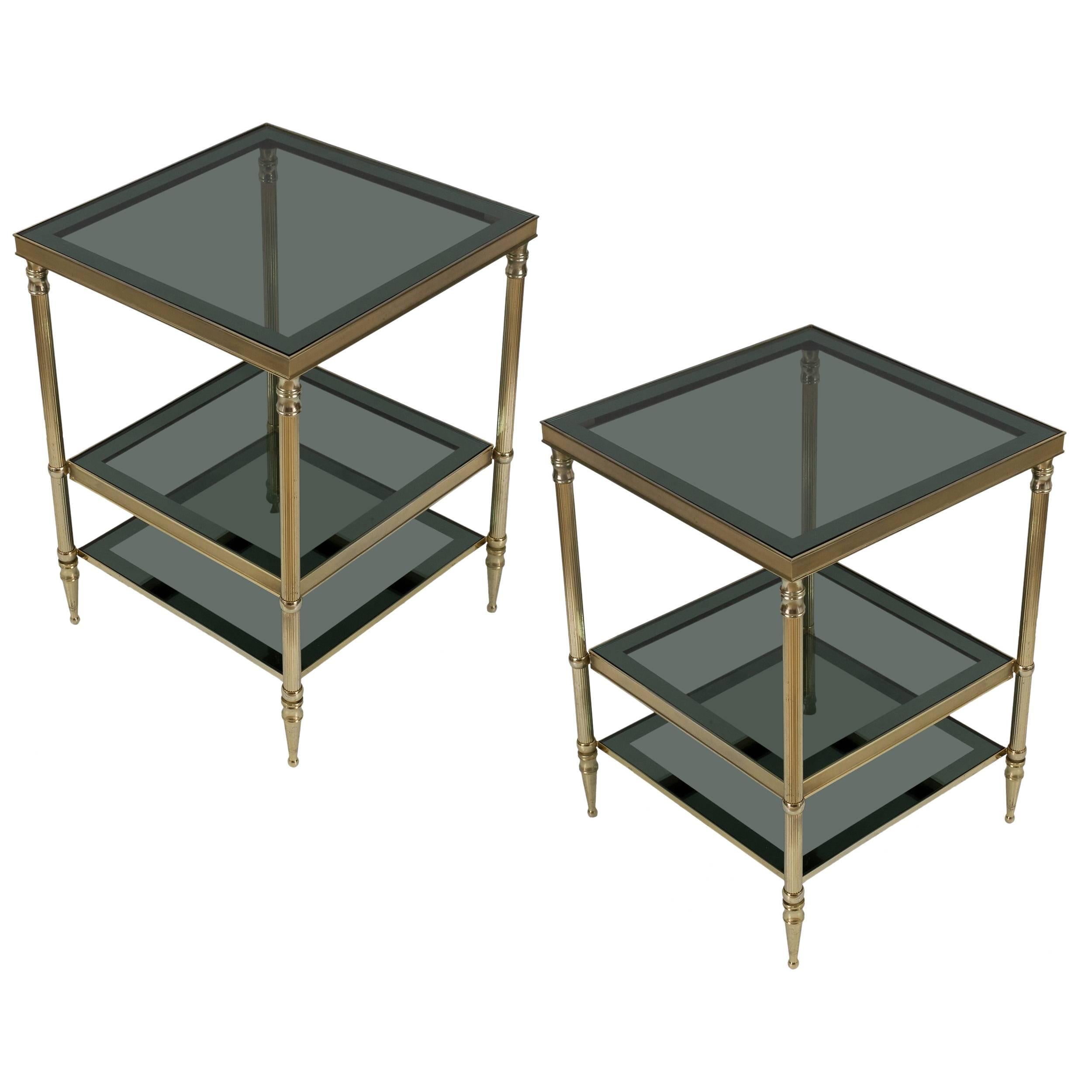 Pair of Brass Side Tables with Blue and Gray Glass Shelves