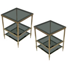 Pair of Brass Side Tables with Blue and Gray Glass Shelves