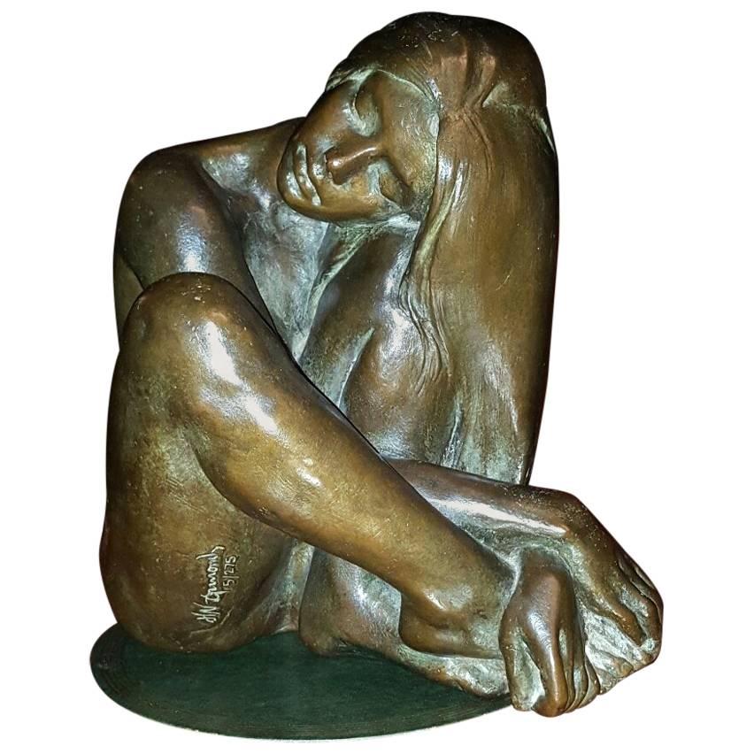 Bronze Sculpture of a Nude Seated Woman with Long Flowing Hair For Sale