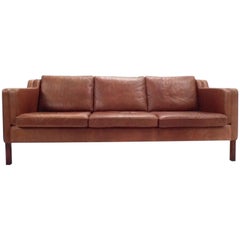 Danish Stouby Tan Brown Leather Three-Seat Sofa, Midcentury, 1960s