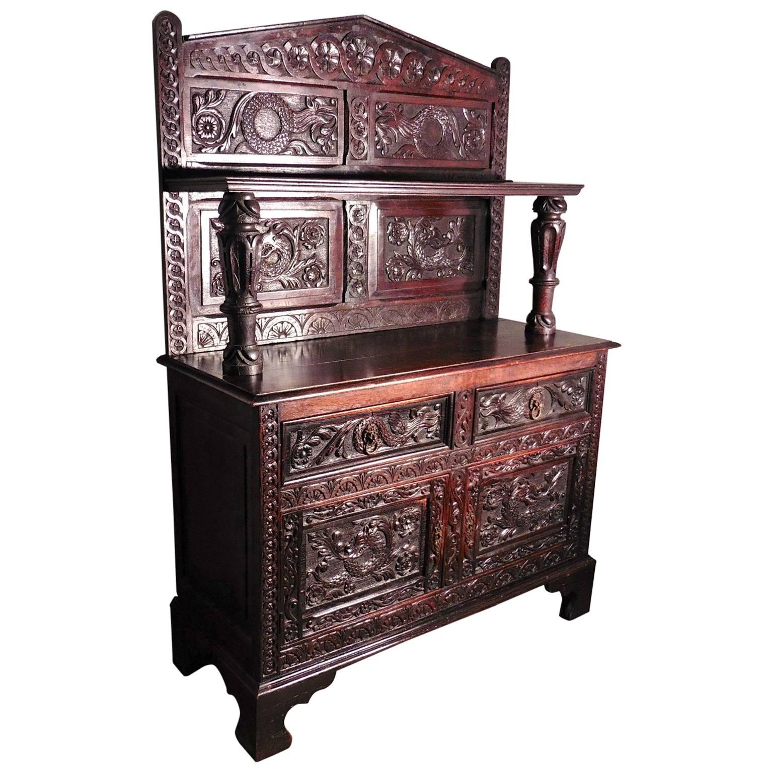 19th Century Carved Welsh Oak Sideboard, Dresser or Hall Cupboard