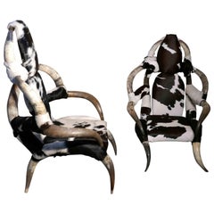 Fantastisches Paar großer Stier- oder Kuhhornsessel und Sessel aus Leder