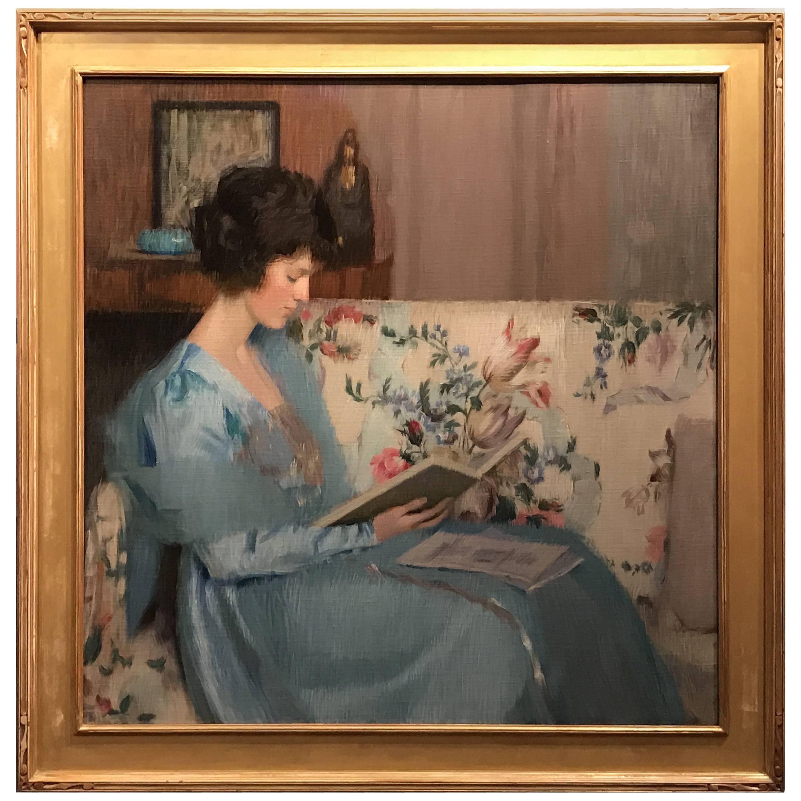 Louise Williams Jackson Oil Painting Portrait of Woman Reading a Book on a Sofa