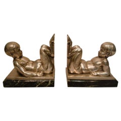 French Art Deco Bookends Young Satyrs by C. Charles on Marble Base, 1930