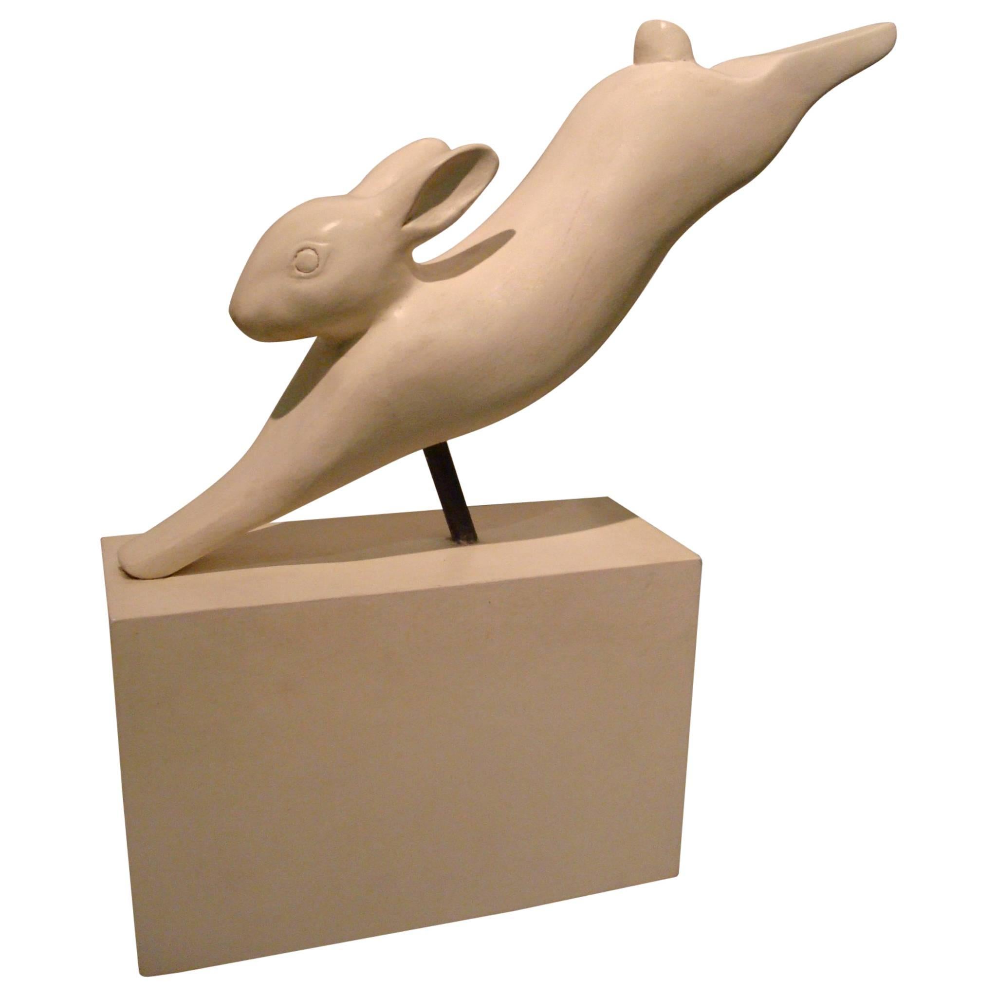 Art Deco Running White Snow Rabbit - Hare Sculpture -  Wooden Hand-Carved