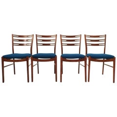 Retro Danish Farstrup Set of Four Teak and Blue Wool Dining Chairs, Midcentury, 1960s