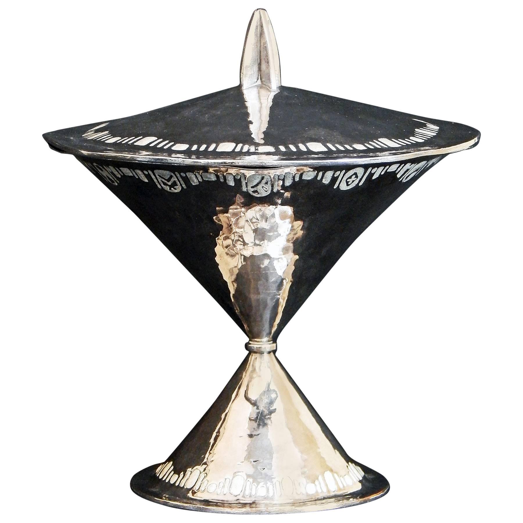 Important Art Deco Lidded Silver Pinch-Wasted Compote by Carrel, 1922