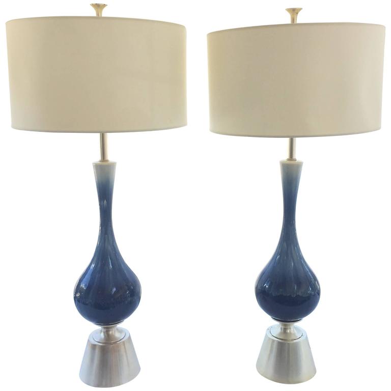 Huge Vintage Italian Ceramic Lamps In Blue Drip Glaze Pair For Huge Vintage Italian Ceramic Lamps In Blue Drip Glaze Pair For
