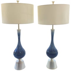 Huge Retro Italian Ceramic Lamps in Blue Drip Glaze, Pair 