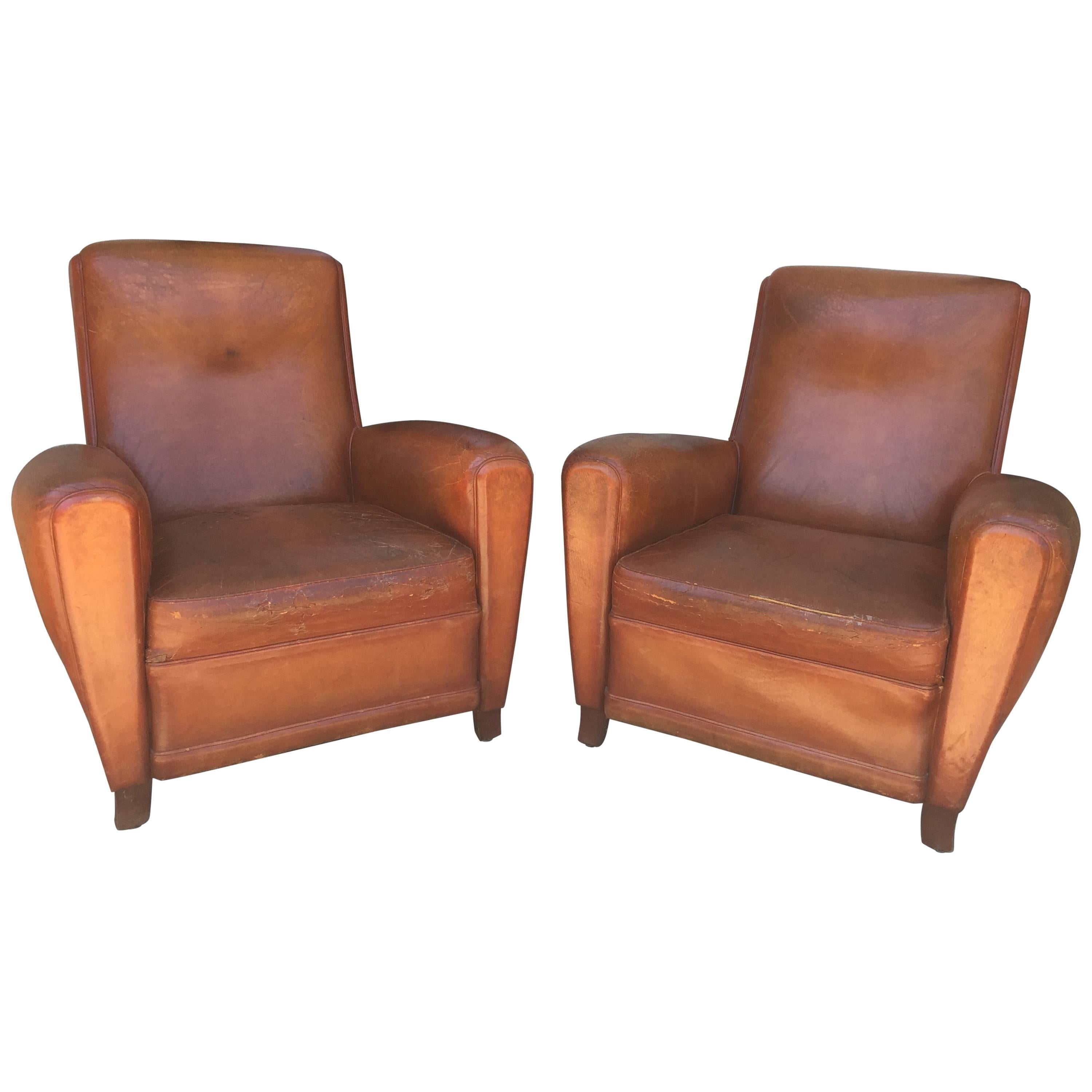 French Deco Club Chairs in Cognac Leather, Pair