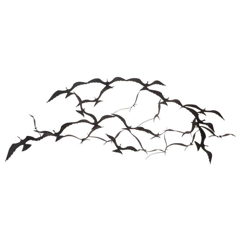 Mid Century Modern C Jere Style Black Metal Birds In Flight Wall
