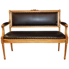 Louis XVI Style Gilded Settee, Canape, Newly Upholstered in a Simulated Leather