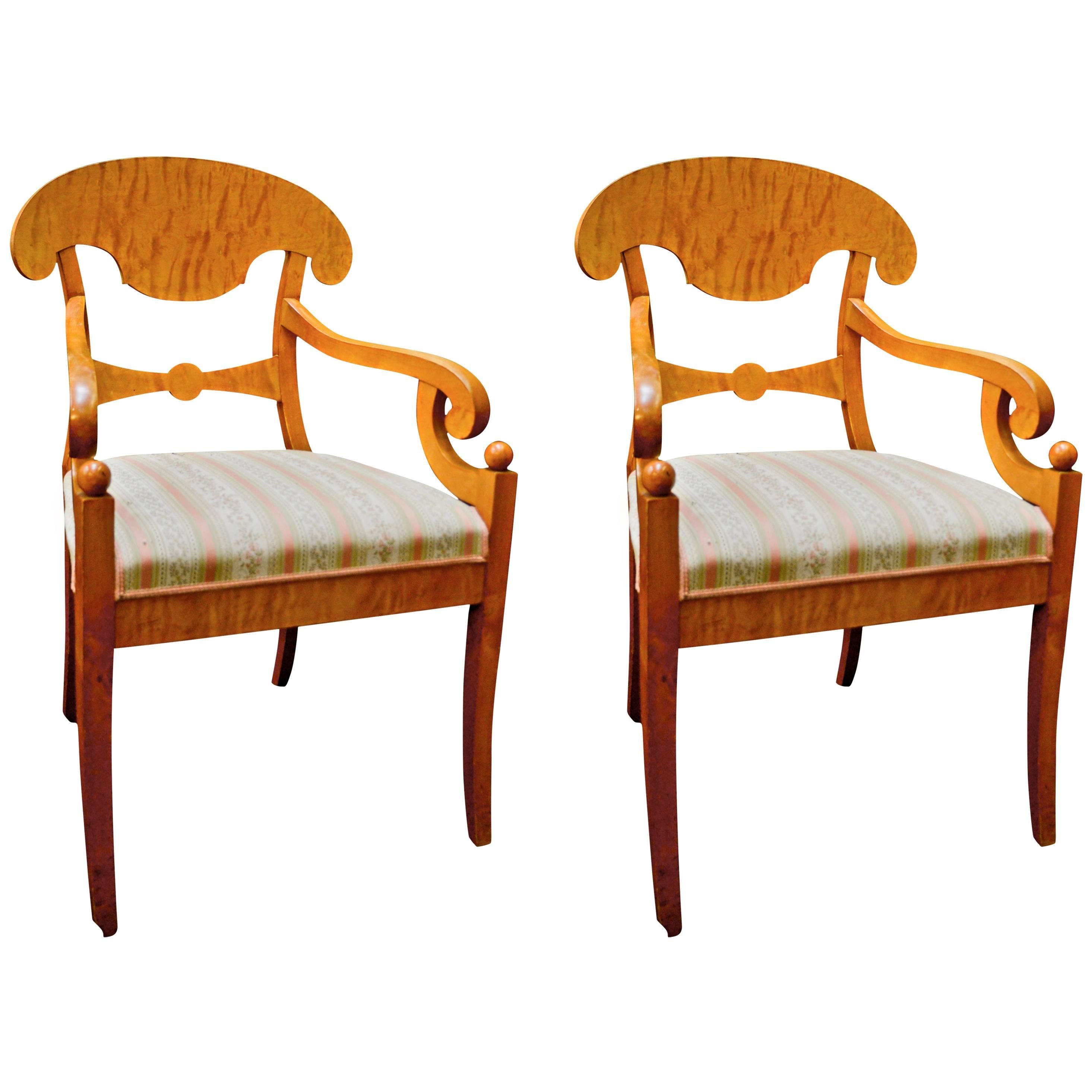 Antique Biedermeier Empire Swedish Carver Chairs in Quilted Golden Birch