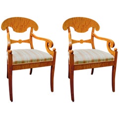 Antique Biedermeier Empire Swedish Carver Chairs in Quilted Golden Birch