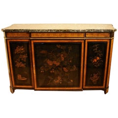 Elegant Louis XVI Style Burr Yew Wood Marble-Top Cabinet with Lacquer Panels
