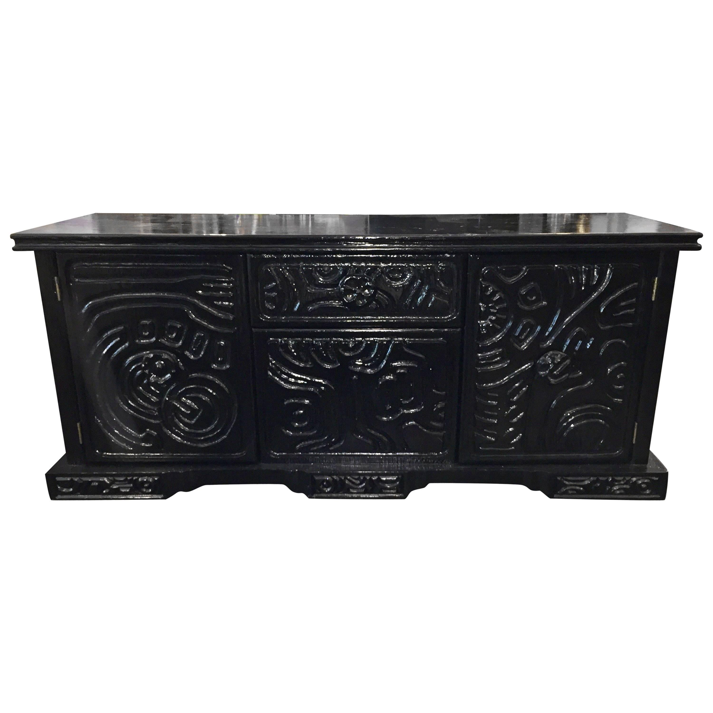 Brutal Carved Wood Lacquered Credenza by Witco  For Sale