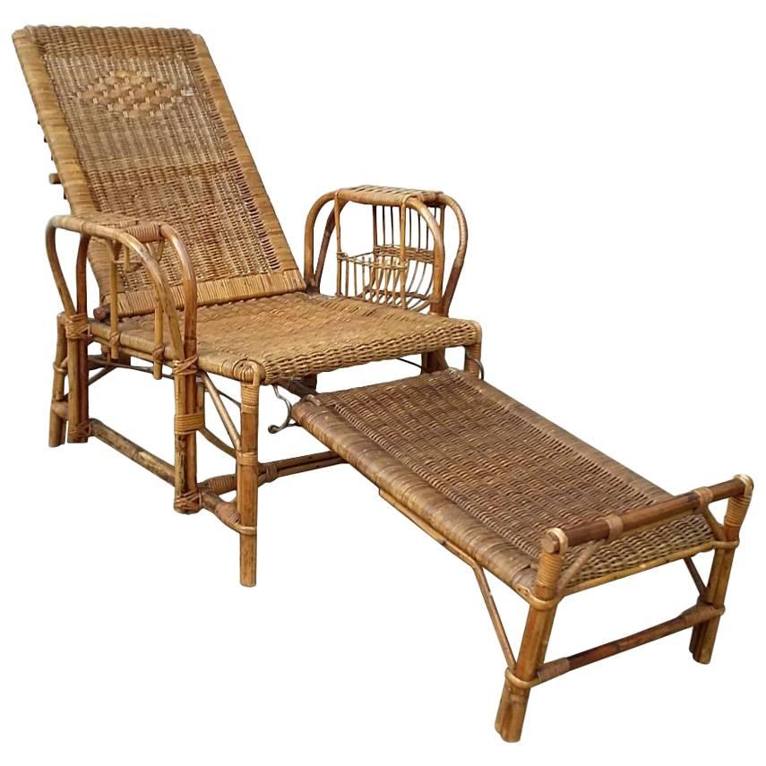 Mid-Century Wicker Deck Chair with Foot Stool. NOW ON SALE!