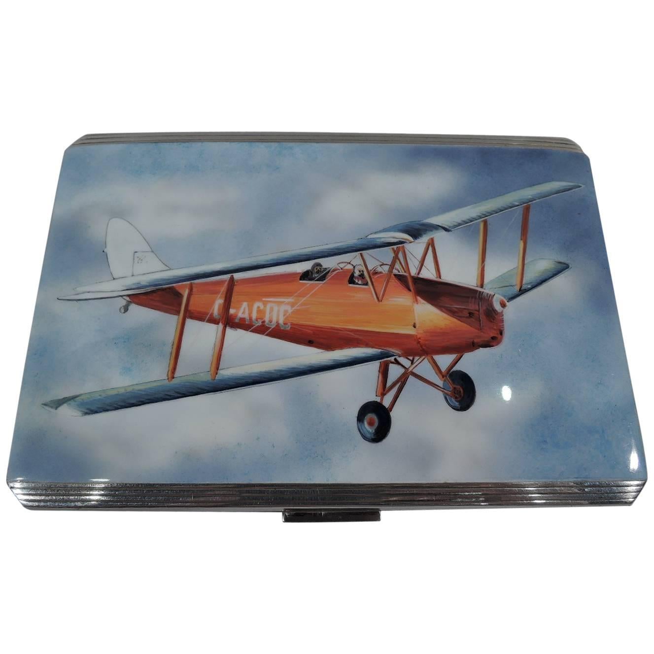 English Sterling Silver and Enamel Case with Airplane