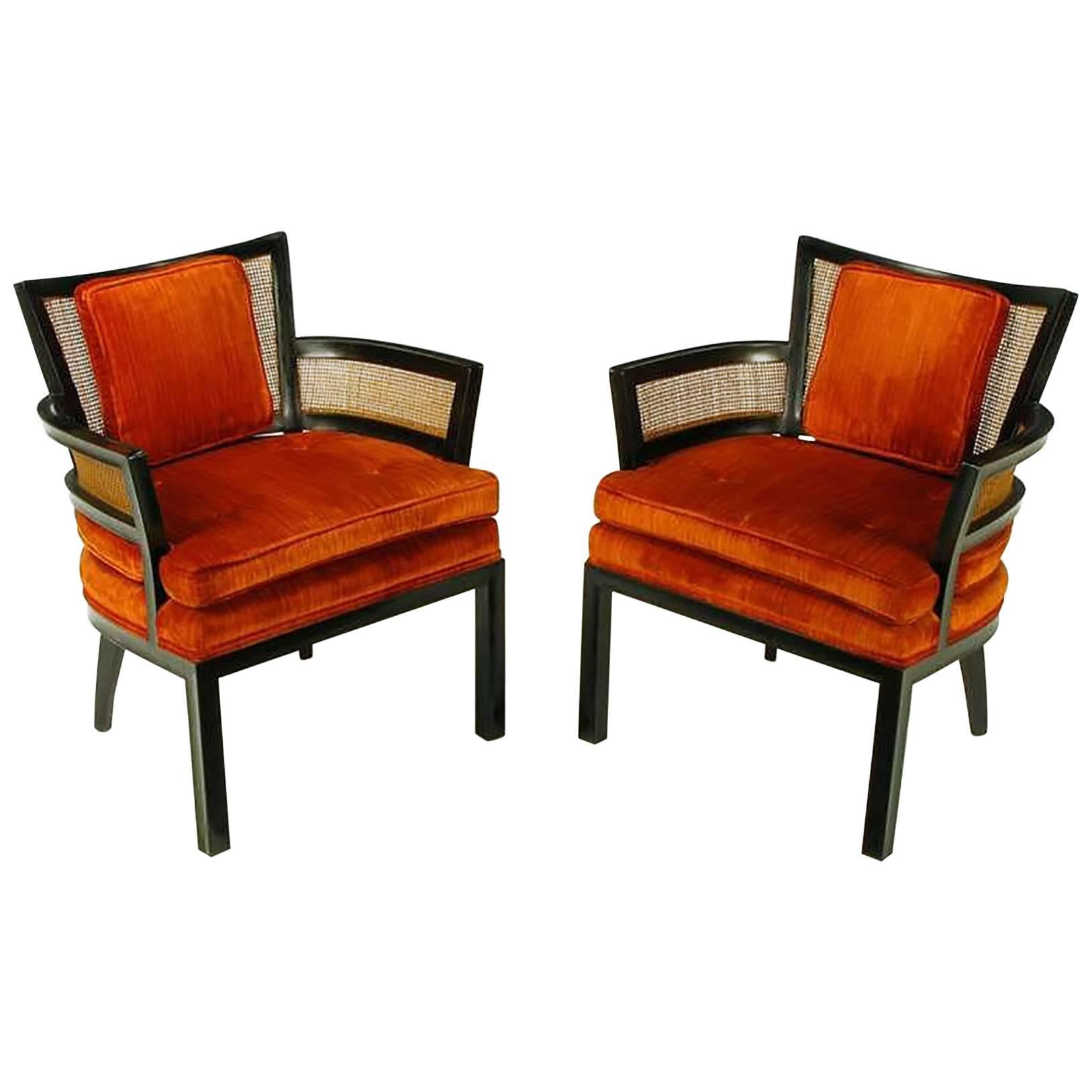 Pair of Baker Ebonized Mahogany and Cane Button Tufted Armchairs For Sale