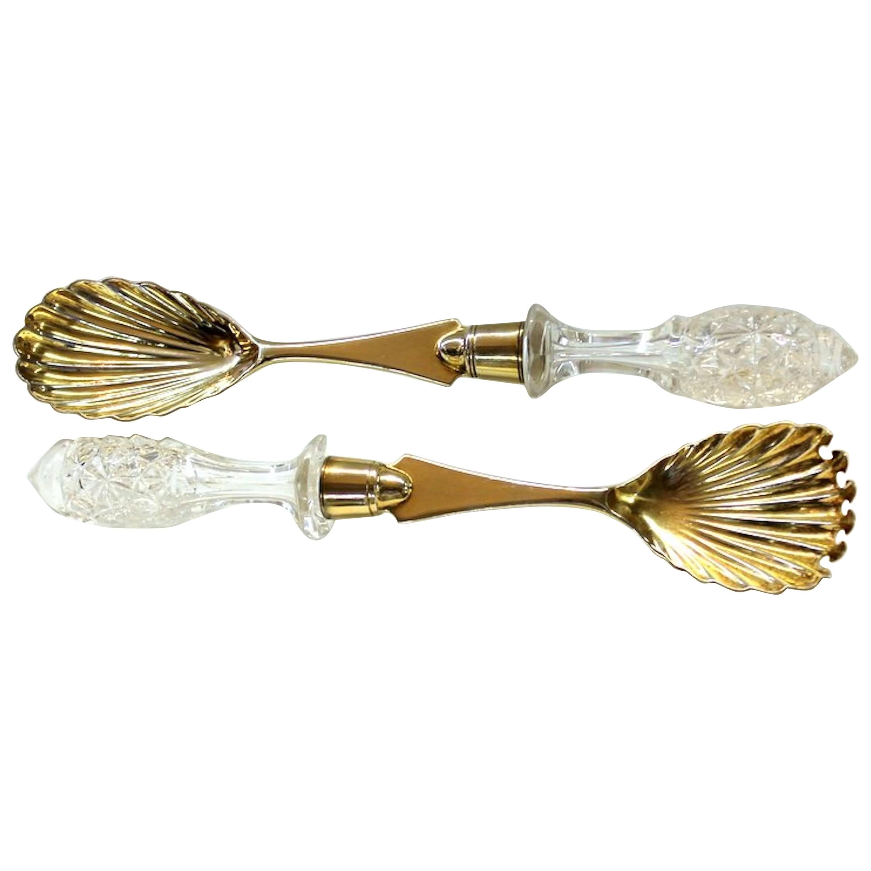 Pair of Old English Hand-Cut Crystal Handle and Sterling Vermeil Salad Servers For Sale