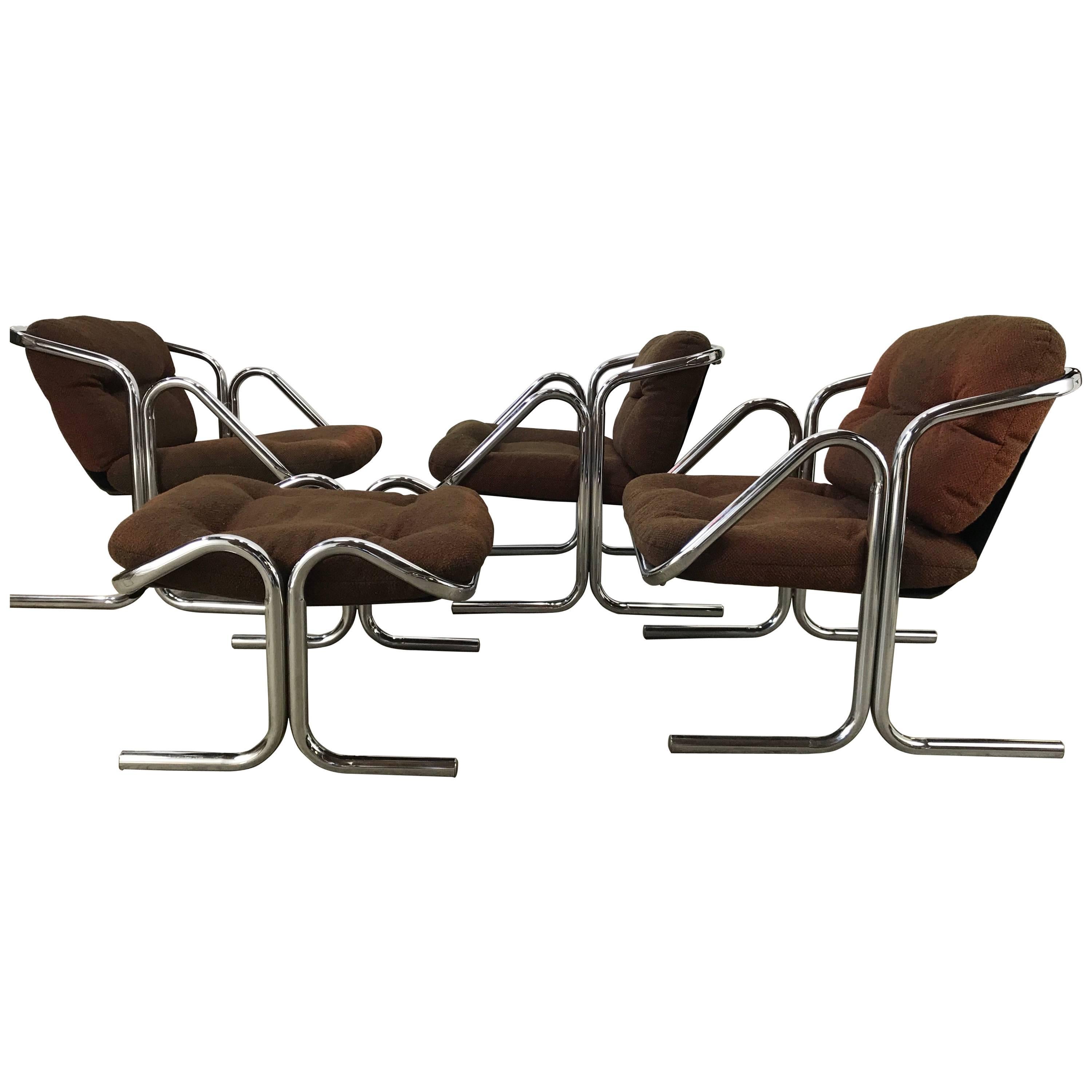 Set of Three Chairs and Ottoman by Jerry Johnson, Modernist Chrome/Canvas/Wool
