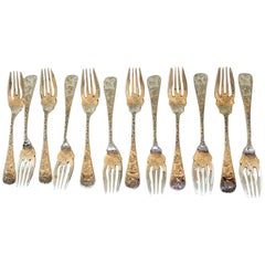 Set of 12 Old American Theo. B. Starr Cast Sterling "Bright Cut" Dessert Forks