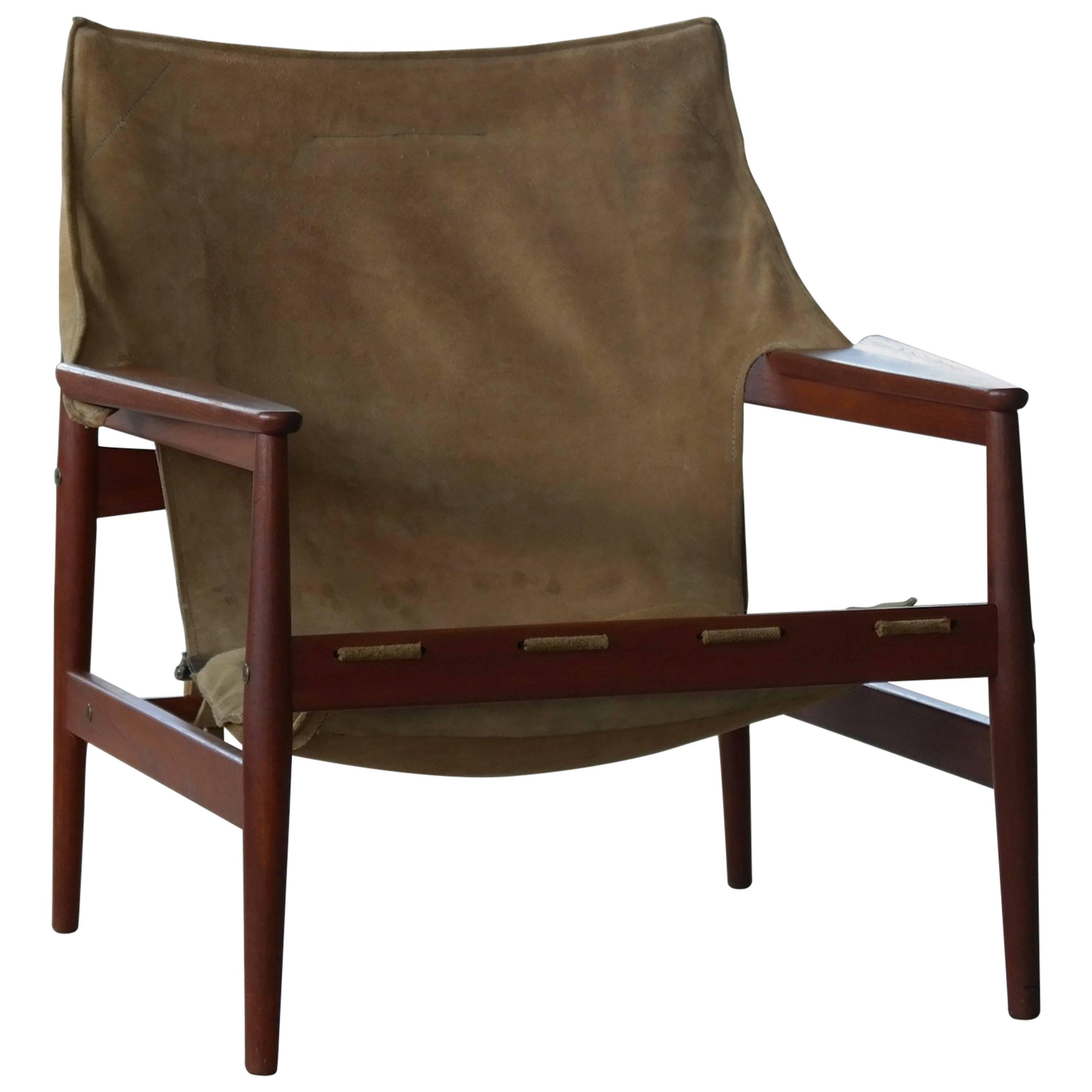 Hans Olsen Safari Sling Chair in Teak and Tan Suede for Viska Mobler, Sweden