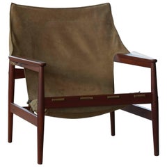 Hans Olsen Safari Sling Chair aus Teakholz und braunem Wildleder für Viska Mobler:: Schweden