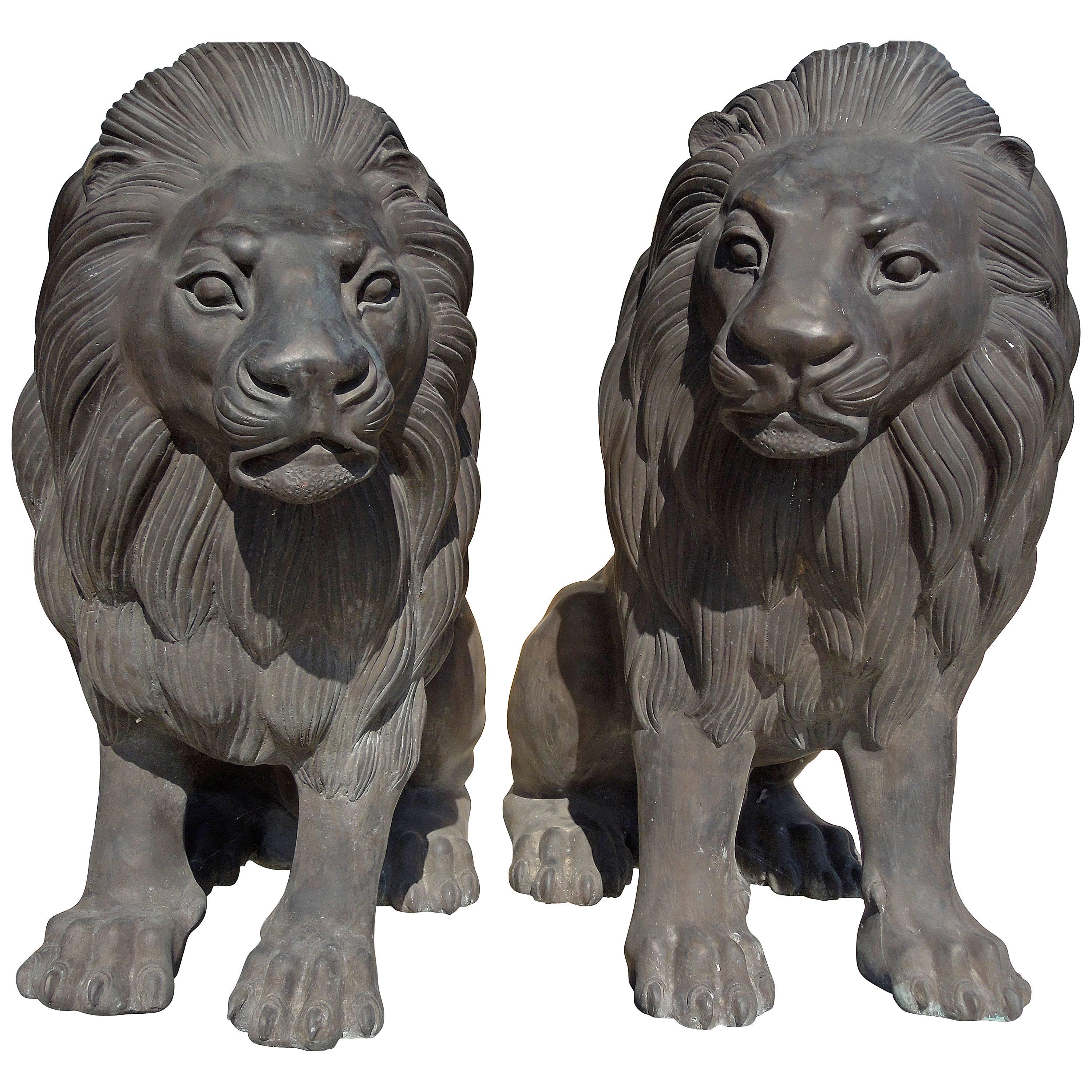 Spectacular Monumental High Stylized Hollywood Regency Bronze Lion Statutes Pair