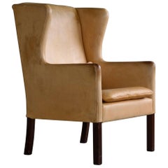Frits Henningsen Style Wingback Chair in Patinated Pale Butterscotch Leather