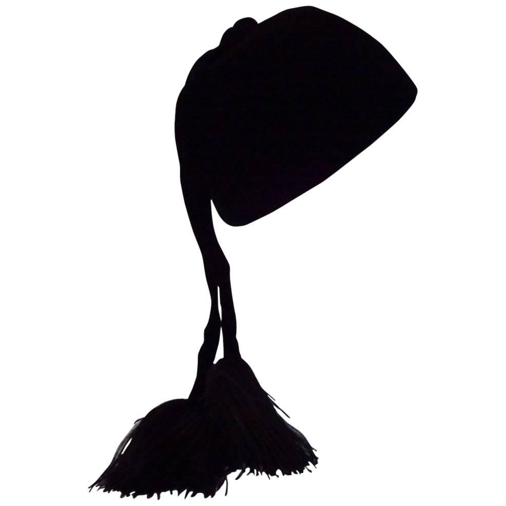 Jean Patou Velvet Toque with Marabou Feather Tassels For Sale