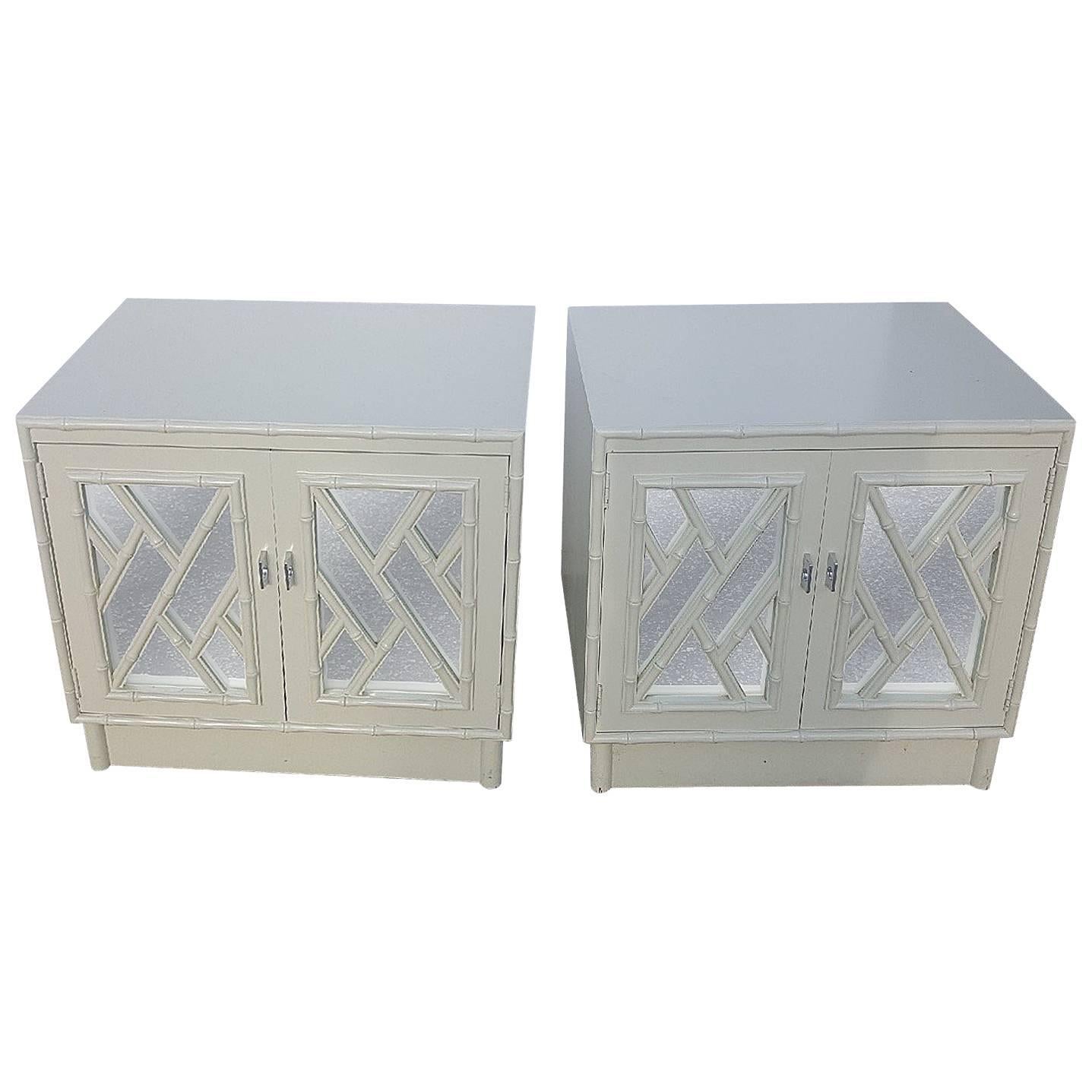 Chinese Chippendale Faux Bamboo Nightstands Chests Mirrored Choose Lacquer, Pair