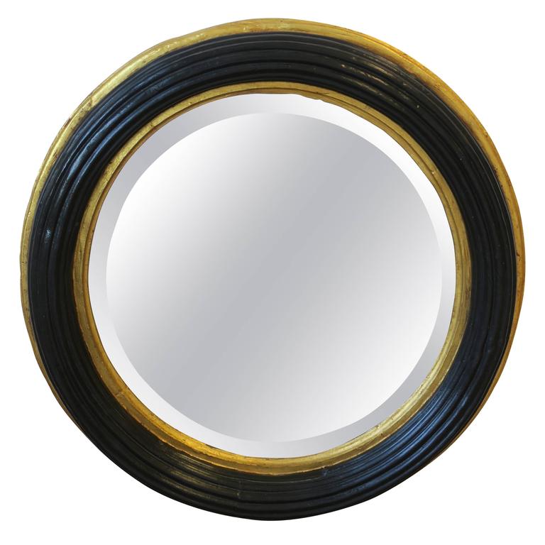 Midcentury Round Black and Gold Beveled Wall Mirror at 1stdibs