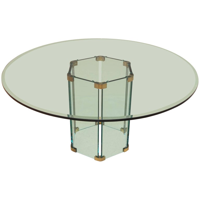 Pace Collection Round Dining Table Hexagonal Glass and Brass Base at