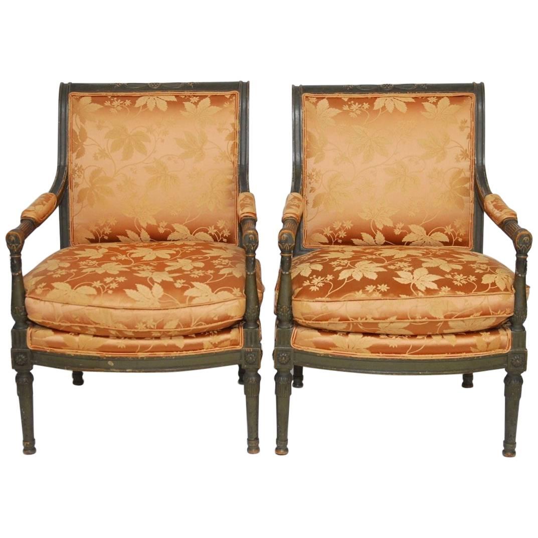 Pair of Louis XVI Painted Directoire Style Fauteuil Armchairs