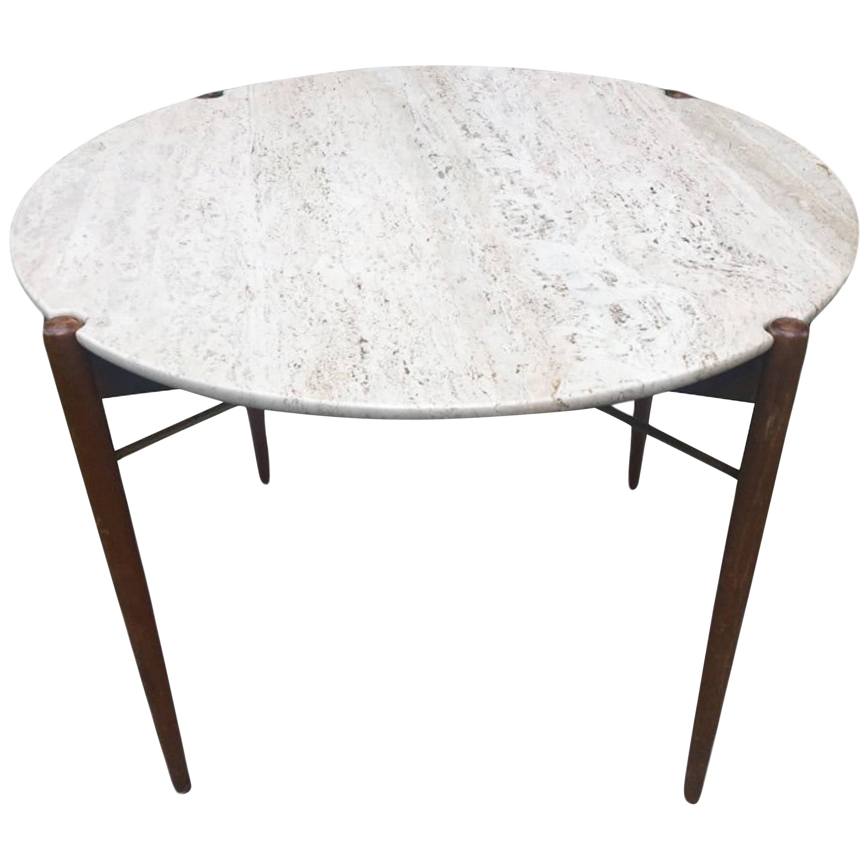 Oak Brass and Travertine Table by Swedish Designer Bruno Mathsson For Sale