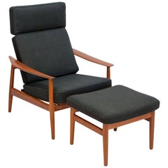 Danish Teak Reclining Lounge Chair with Ottoman, FD 164 by Arne Vodder