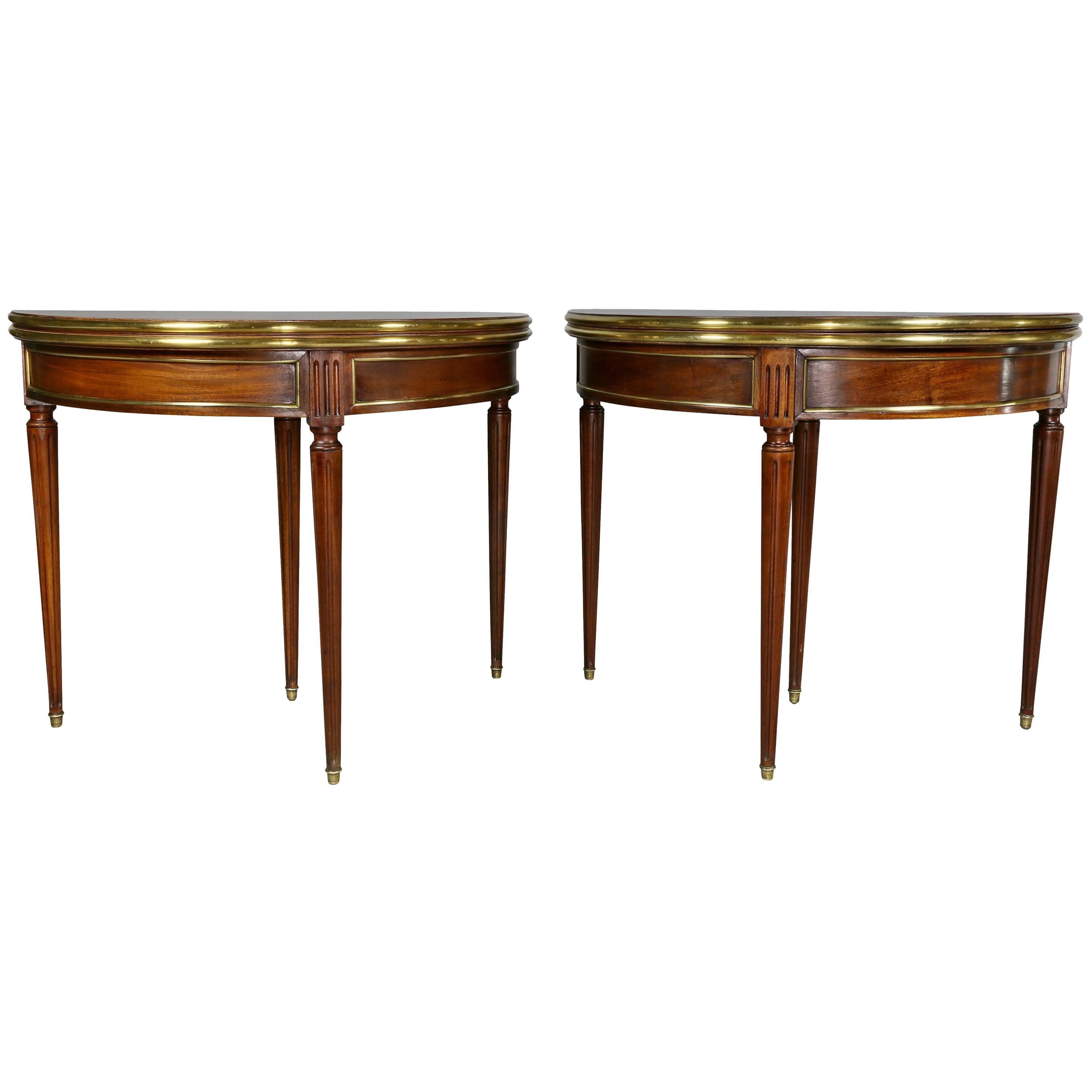 Pair of Directoire Style Mahogany and Brass-Mounted Console/Games Tables