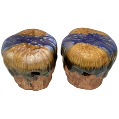 Contemporary Pair of Ceramic Drip Glaze Organic Mushroom Stools