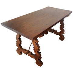 Antique 18th Century Refectory Spanish Table with Lyre Legs