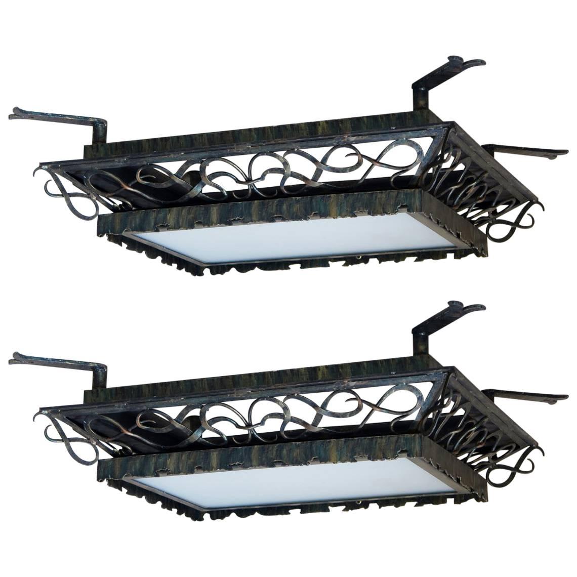 Pair of 1930s Art Deco Wrought Iron and Glass Ceiling Lights For Sale