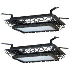 Vintage Pair of 1930s Art Deco Wrought Iron and Glass Ceiling Lights