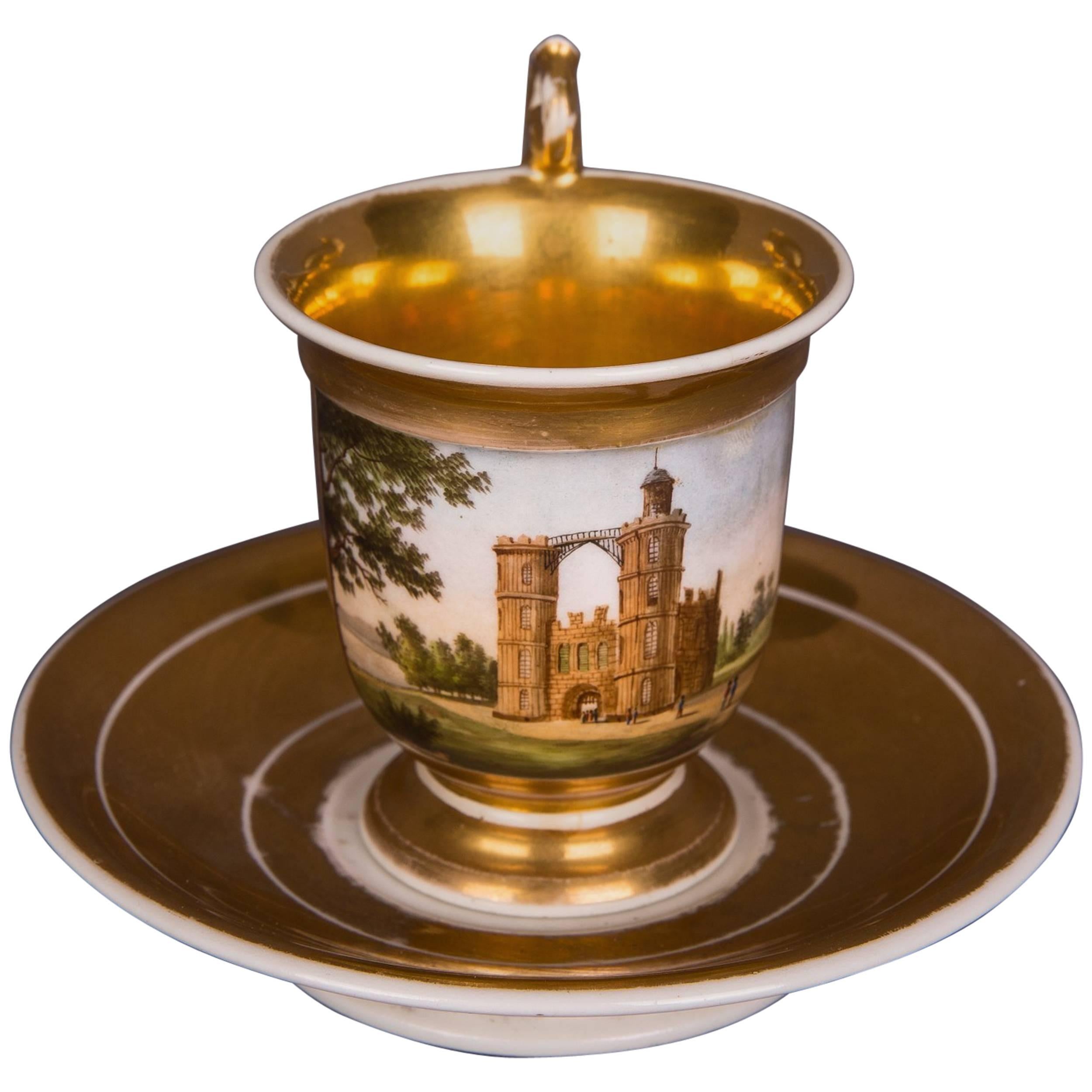 Rare Biedermeier Collectible Cup Veduten View, Gold Painted