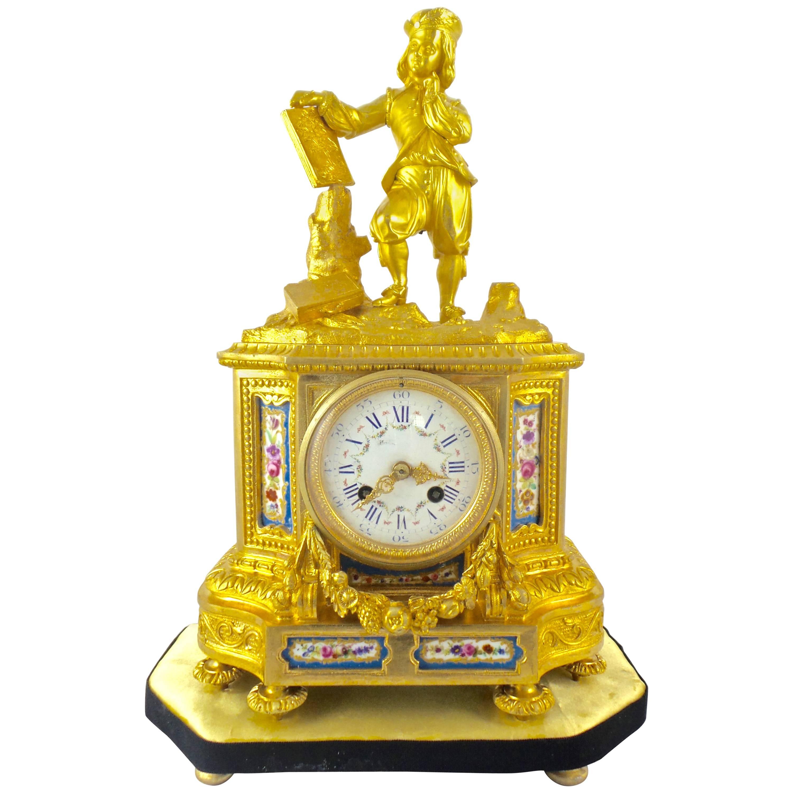 19th Century French Mantel Clock Gilt Ormolu Bronze and Blue Sevres Porcelain For Sale