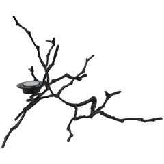 Handmade Bronze Cast Magnolia Twig T-Light Holder with Dark Patina, Tall