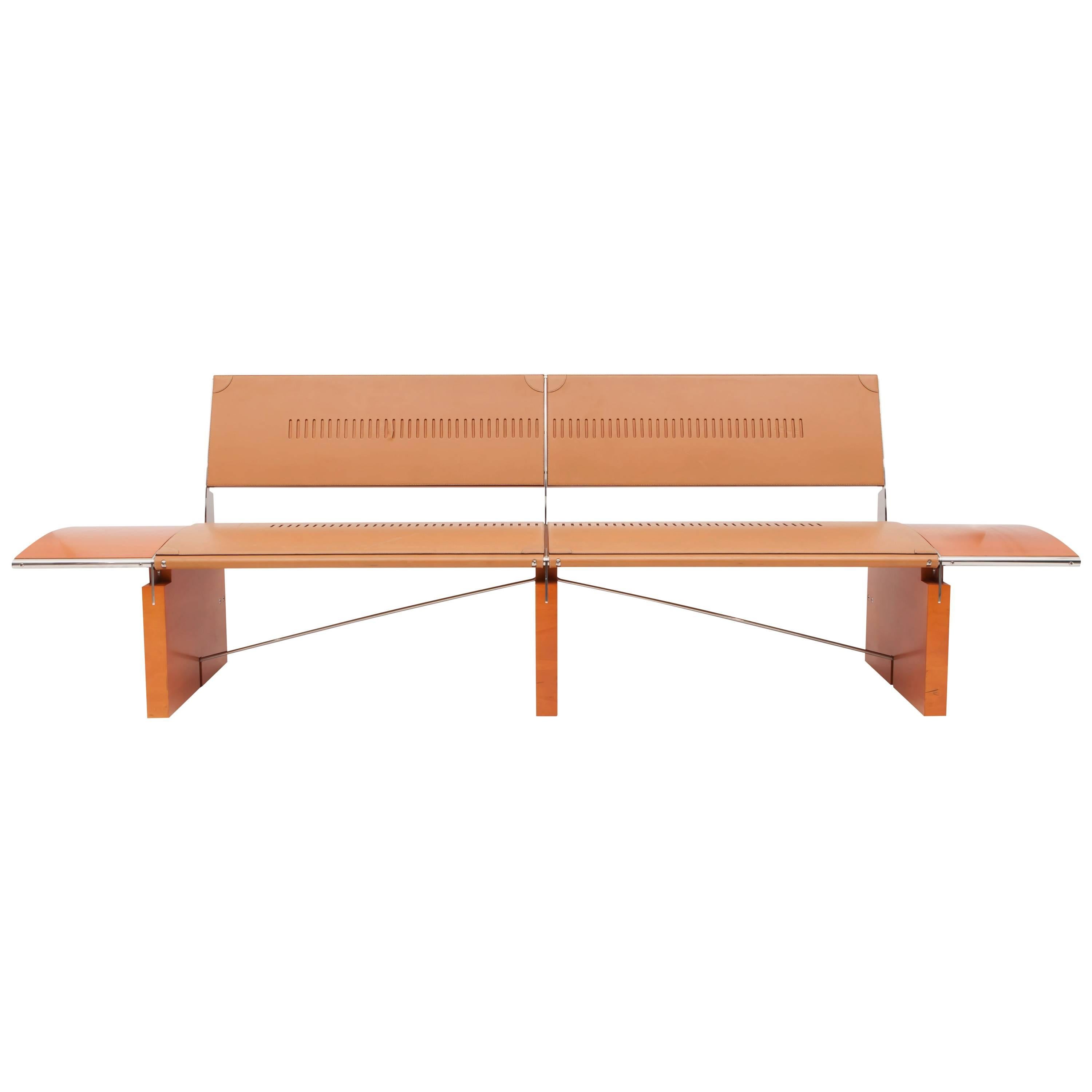 Post-Modern luxury wood and natural leather 'Africa' bench by Tresserra 