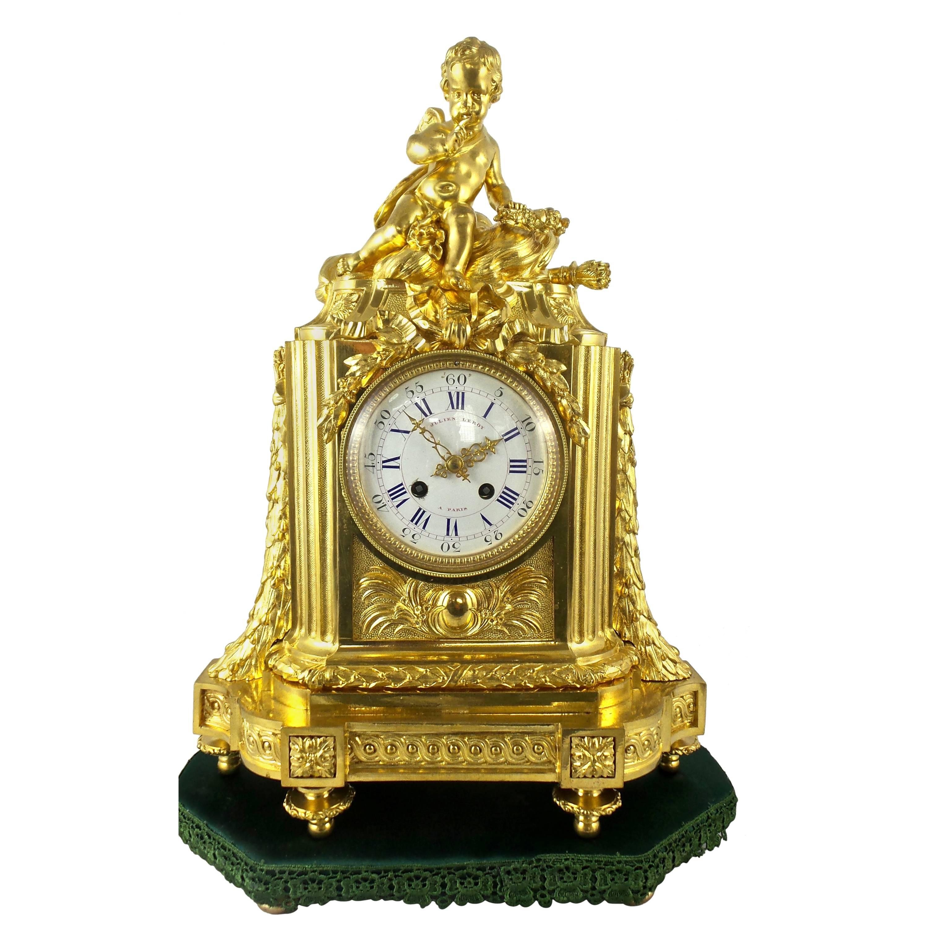Early 1800s French Empire Gilt Ormolu Bronze Mantel Clock & Base Julien Leroy For Sale