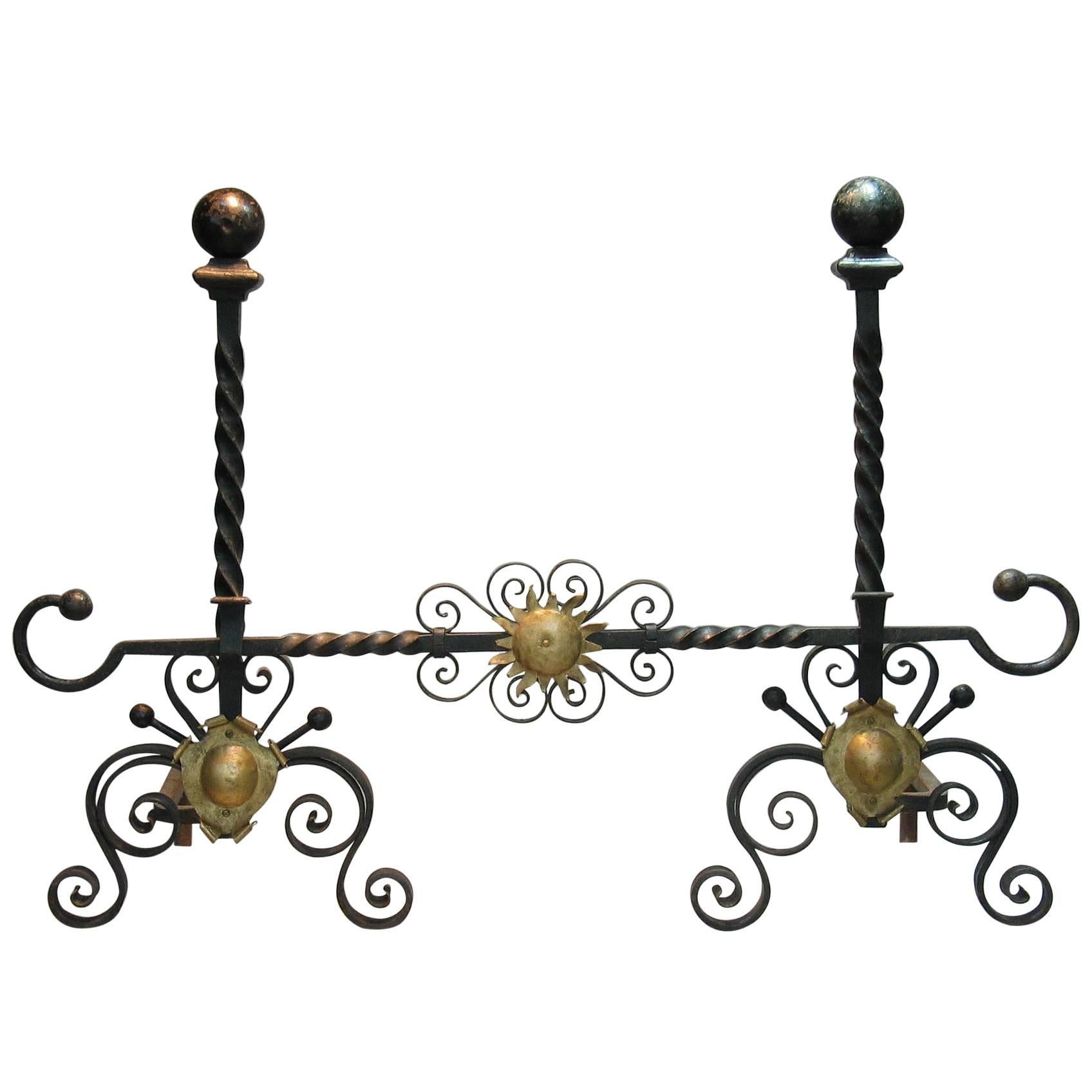 Pair of Large Cannonball Top Wrought Iron Andirons, 19th Century For Sale