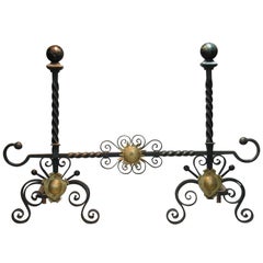 Antique Pair of Large Cannonball Top Wrought Iron Andirons, 19th Century